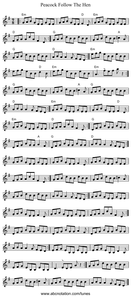 Peacock Follow The Hen - staff notation