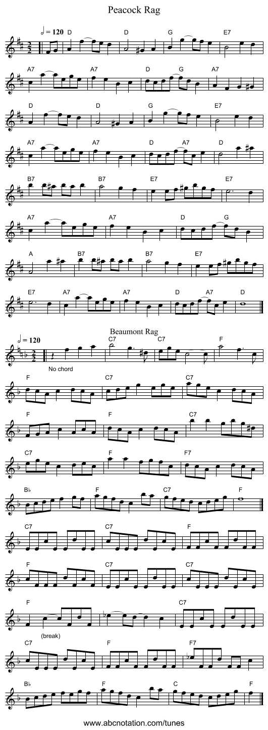 Peacock Rag - staff notation