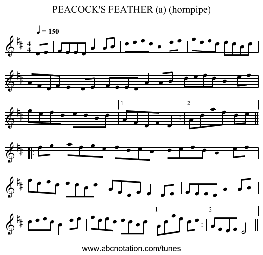 PEACOCK'S FEATHER (a) (hornpipe) - staff notation