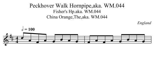 Peckhover Walk Hornpipe,aka. WM.044 - staff notation