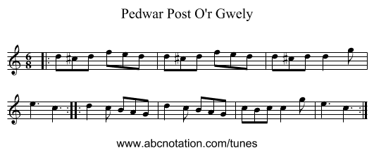 Pedwar Post O'r Gwely - staff notation