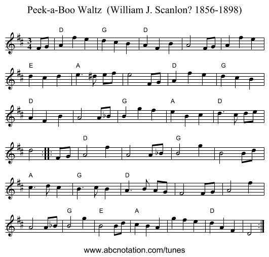 Peek-a-Boo Waltz (William J. Scanlon? 1856-1898) - staff notation