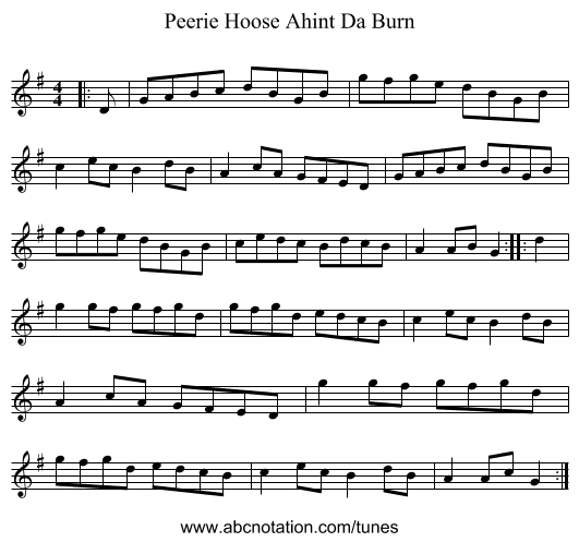 Peerie Hoose Ahint Da Burn - staff notation