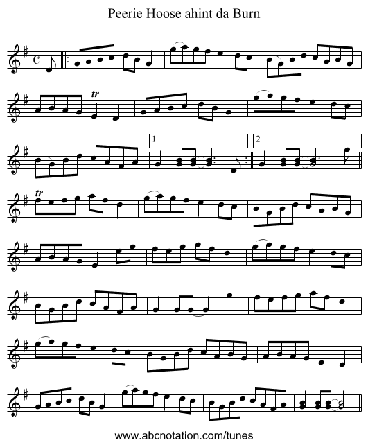 Peerie Hoose ahint da Burn - staff notation