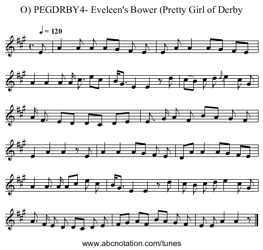 PEGDRBY4- Eveleen's Bower (Pretty Girl of Derby, O) - staff notation
