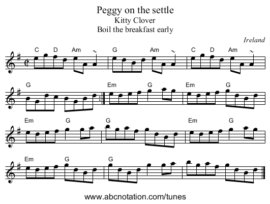 Peggy on the settle - staff notation