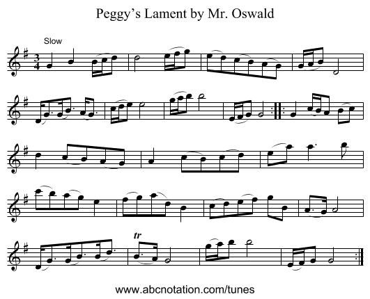 Peggy’s Lament by Mr. Oswald - staff notation