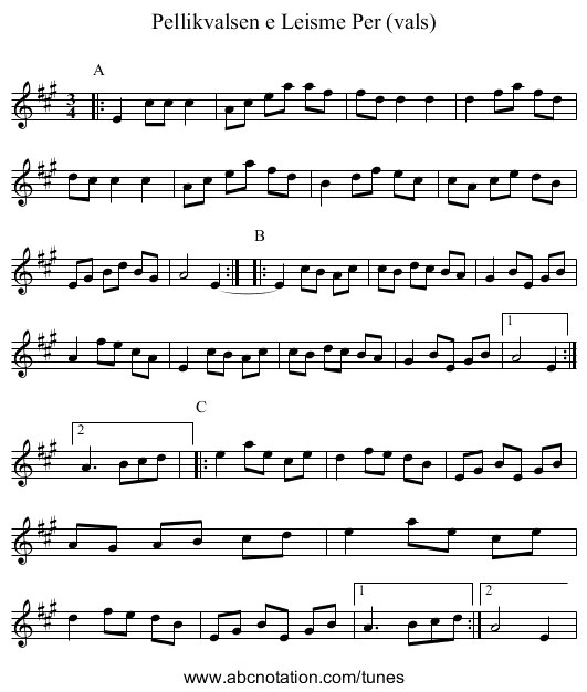 Pellikvalsen e Leisme Per (vals) - staff notation