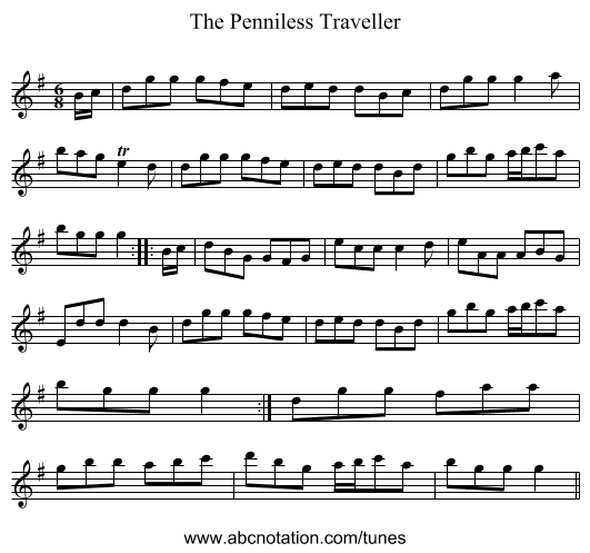 Penniless Traveller, The - staff notation