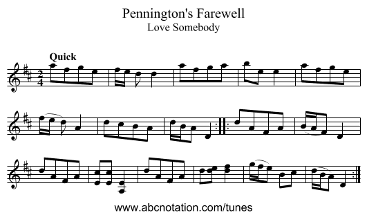 Pennington's Farewell - staff notation