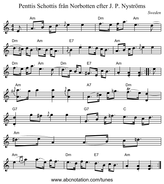 Penttis Schottis fr&aring;n Norbotten efter J. P. Nystr&ouml;ms - staff notation