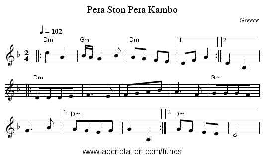 Pera Ston Pera Kambo - staff notation