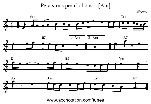 Pera stous pera kabous    [Am] - staff notation