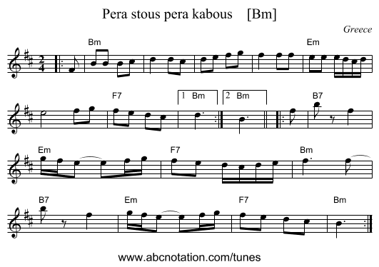 Pera stous pera kabous    [Bm] - staff notation