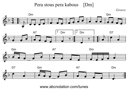 Pera stous pera kabous    [Dm] - staff notation