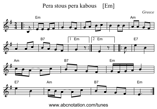 Pera stous pera kabous    [Em] - staff notation