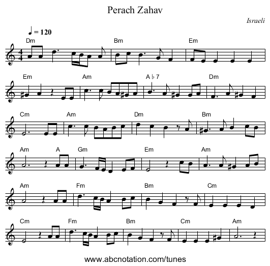 Perach Zahav - staff notation