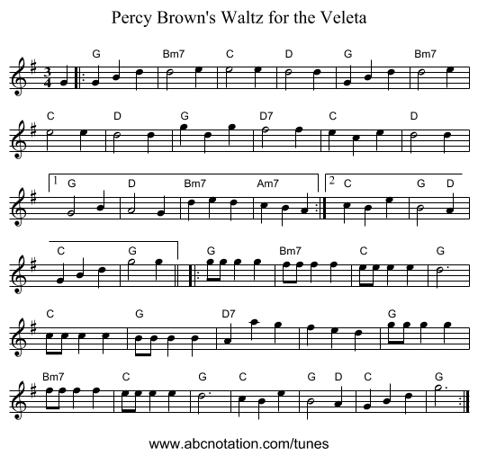 Percy Brown's Waltz for the Veleta - staff notation