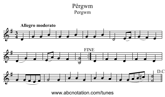 Pêrgwm - staff notation
