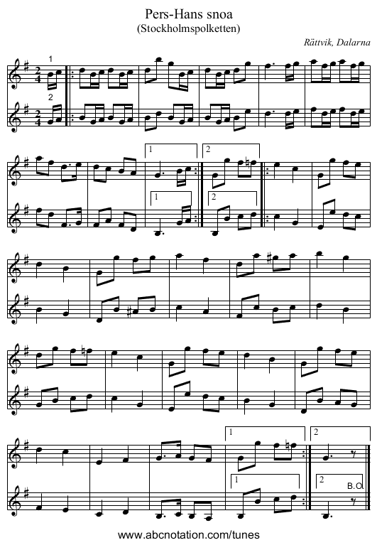 Pers-Hans snoa - staff notation