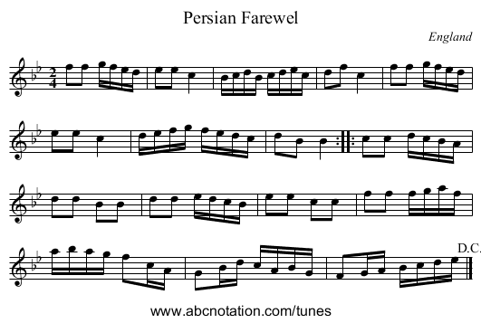 Persian Farewel - staff notation