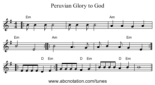 Peruvian Glory to God - staff notation