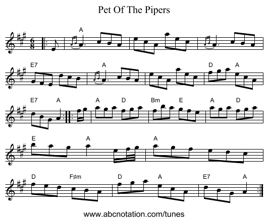 Pet Of The Pipers - staff notation