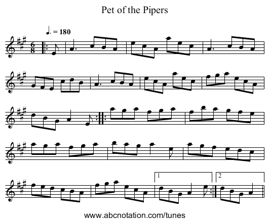 Pet of the Pipers - staff notation
