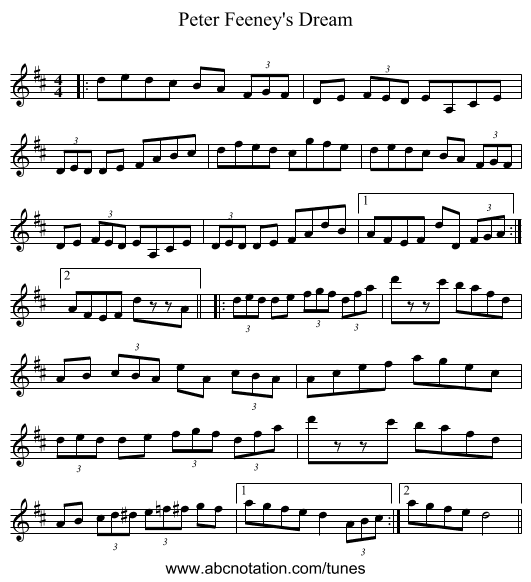 Peter Feeney's Dream - staff notation
