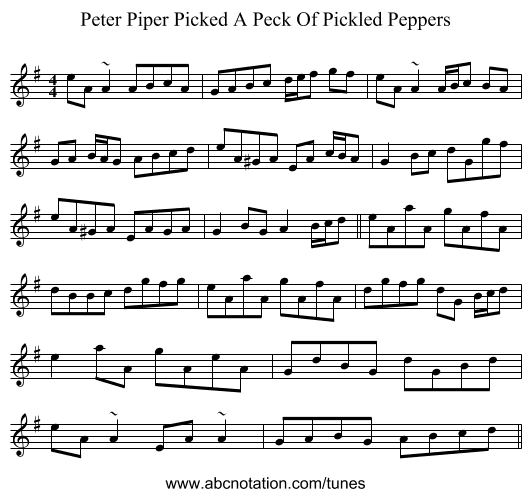 Peter Piper Picked A Peck Of Pickled Peppers - staff notation
