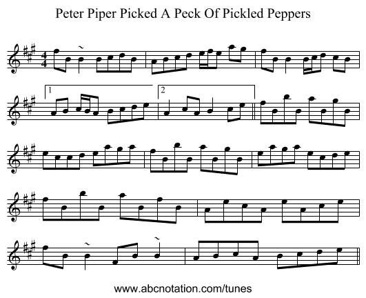 Peter Piper Picked A Peck Of Pickled Peppers - staff notation
