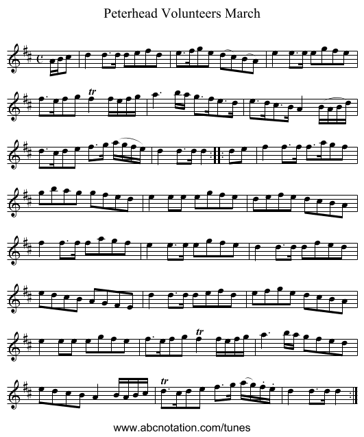 Peterhead Volunteers March - staff notation