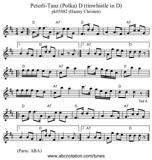 Peterli-Tanz (Polka) D (tinwhistle in D) - staff notation
