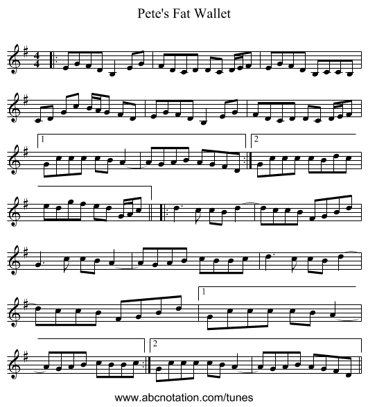 Pete's Fat Wallet - staff notation