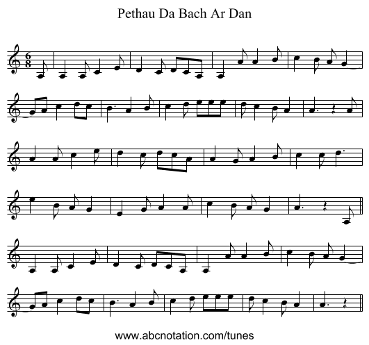 Pethau Da Bach Ar Dan - staff notation