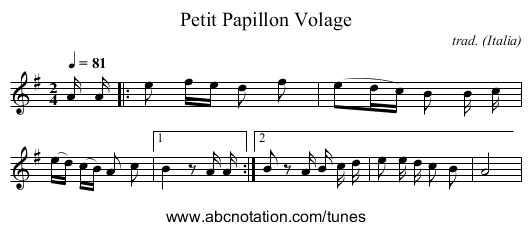 Petit Papillon Volage - staff notation