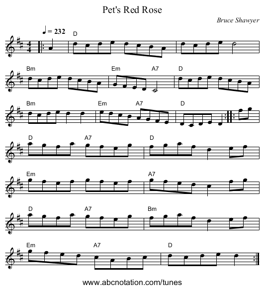 Pet's Red Rose - staff notation