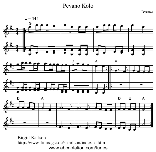 Pevano Kolo - staff notation