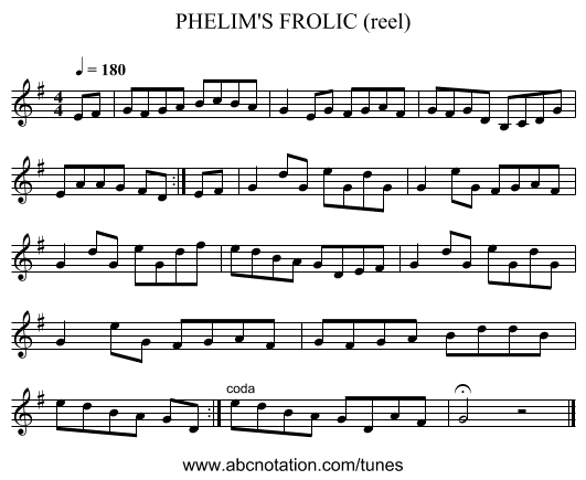 PHELIM'S FROLIC (reel) - staff notation