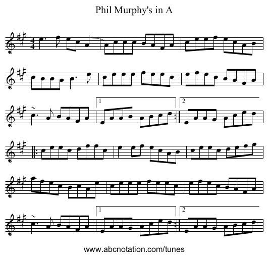 Phil Murphy's in A - staff notation