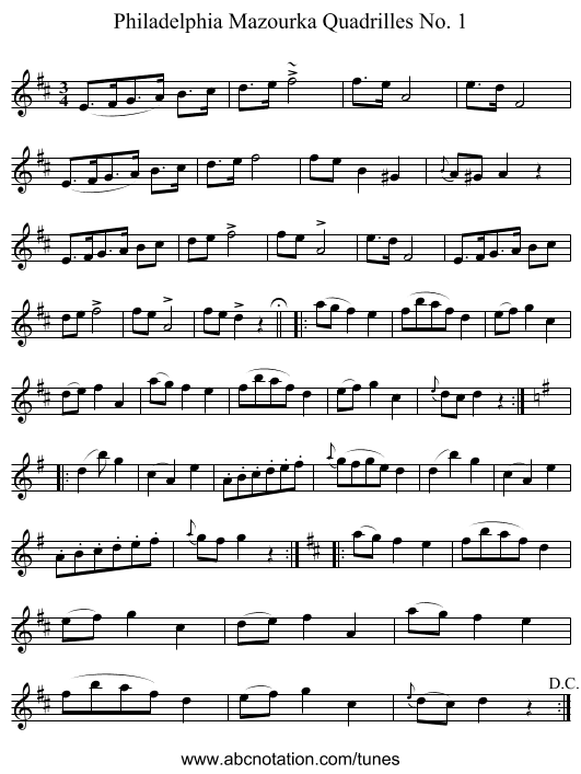 Philadelphia Mazourka Quadrilles No. 1 - staff notation