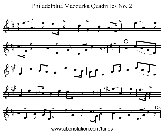 Philadelphia Mazourka Quadrilles No. 2 - staff notation