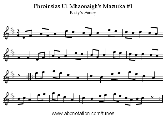 Phroinsias Ui Mhaonaigh's Mazurka #1 - staff notation