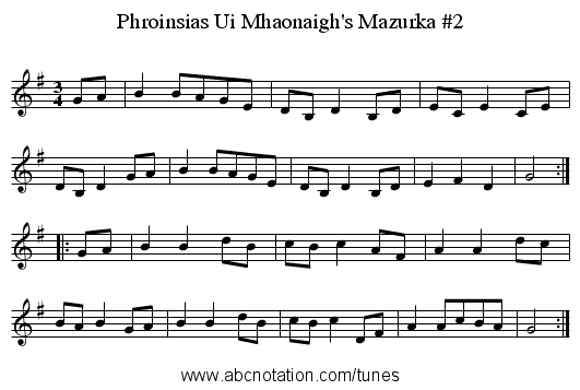 Phroinsias Ui Mhaonaigh's Mazurka #2 - staff notation