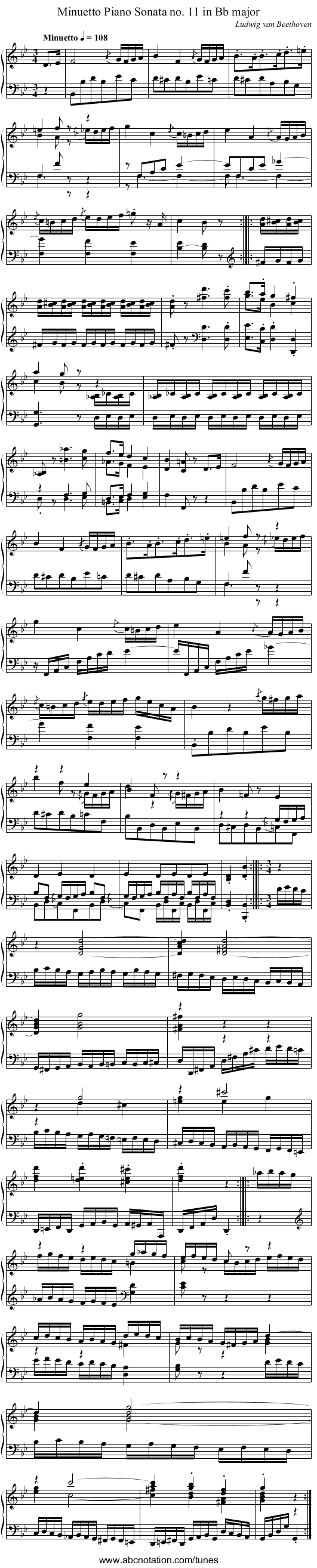 Piano Sonata no. 11 in B♭ major, Minuetto - staff notation