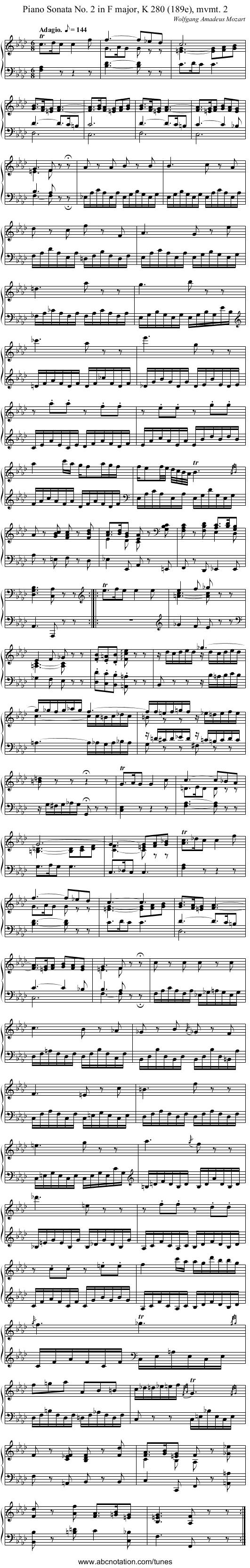 Piano Sonata No. 2 in F major, K 280 (189e), mvmt. 2 - staff notation