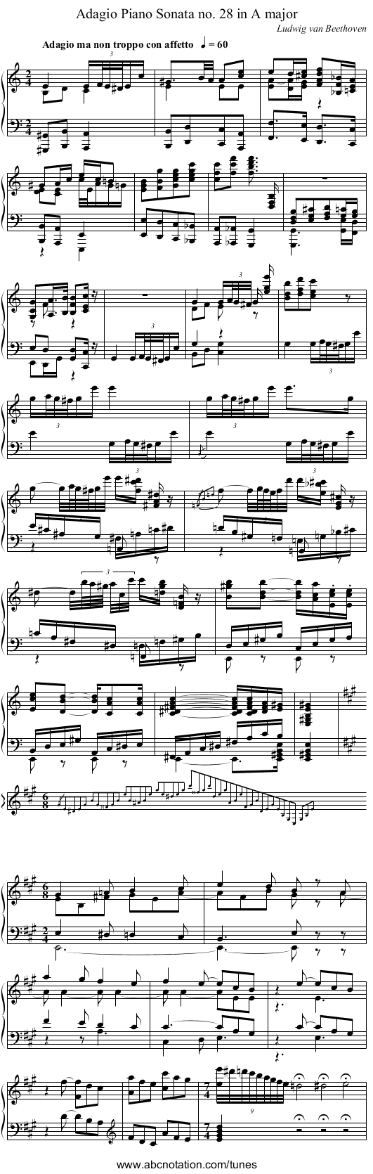 Piano Sonata no. 28 in A major, Adagio - staff notation