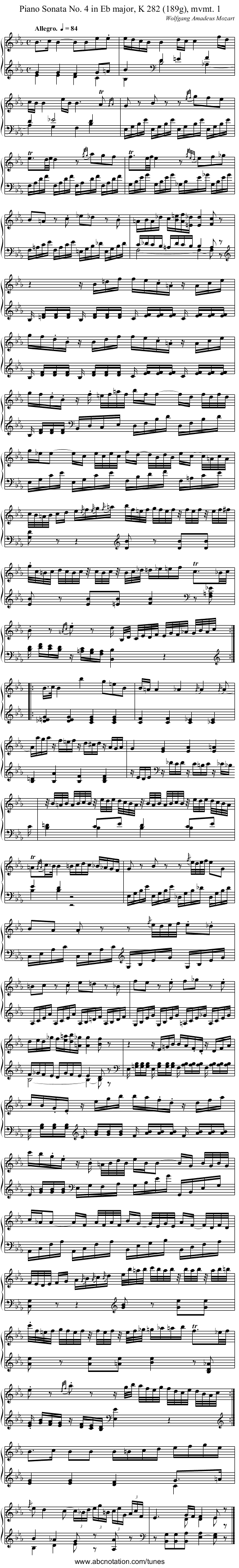 Piano Sonata No. 4 in E♭ major, K 282 (189g), mvmt. 1 - staff notation