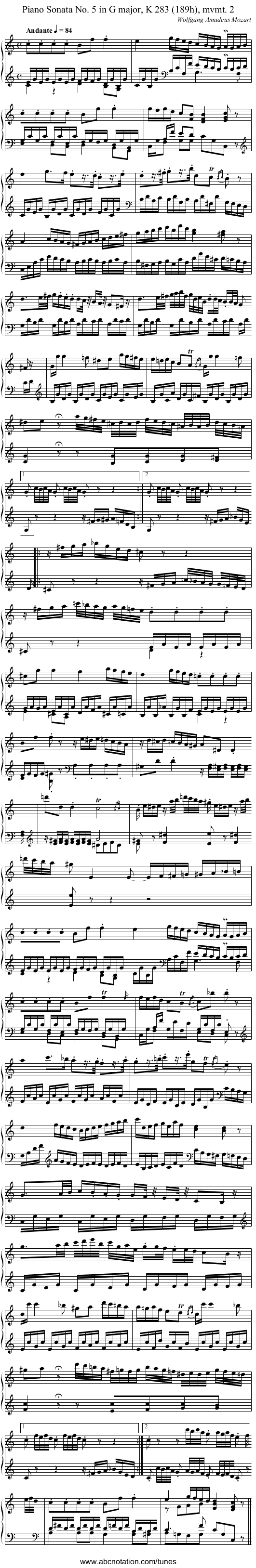 Piano Sonata No. 5 in G major, K 283 (189h), mvmt. 2 - staff notation