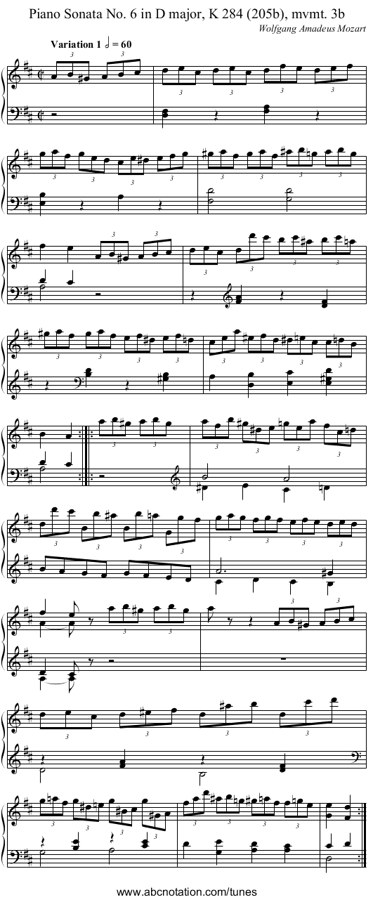 Piano Sonata No. 6 in D major, K 284 (205b), mvmt. 3b - staff notation